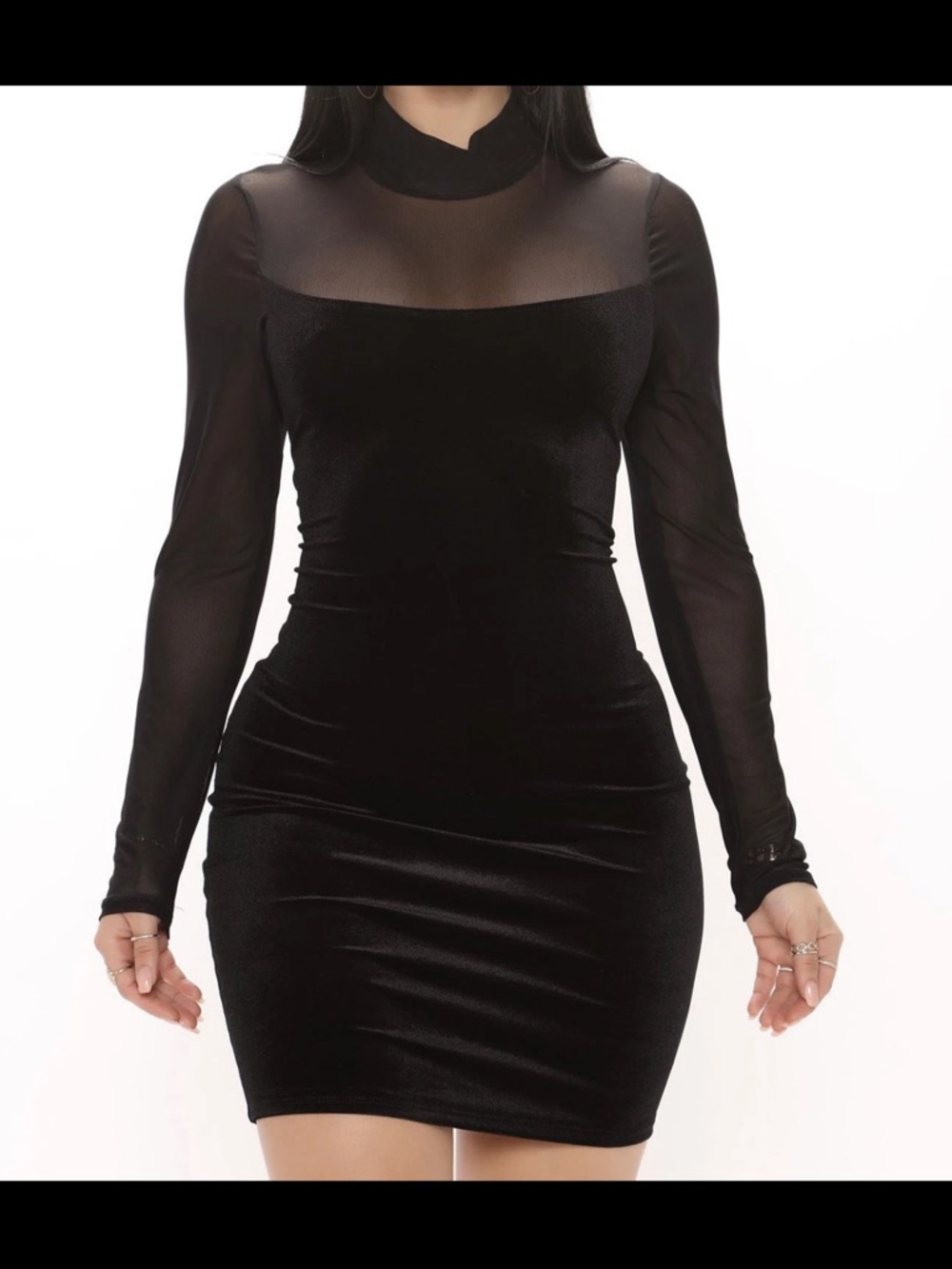Fashion Nova Black Velvet & Sheer Long Sleeve Bodycon Dress